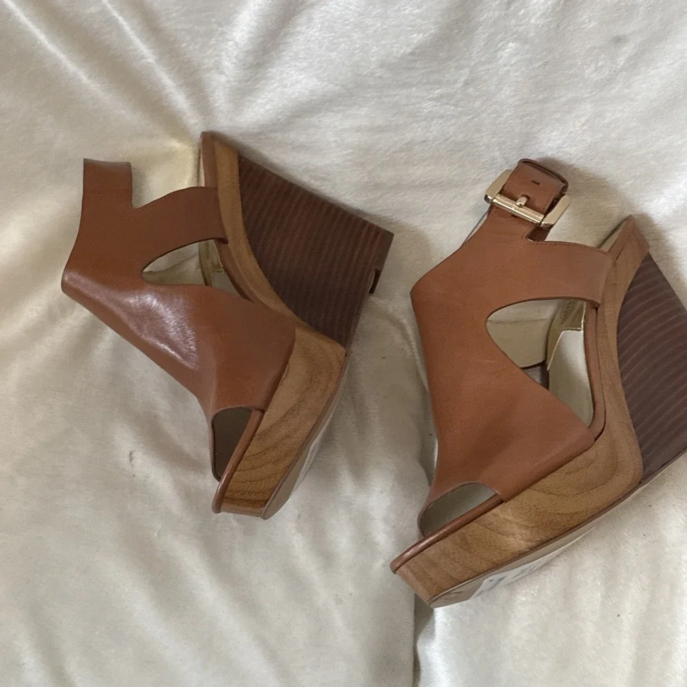 Michael Michael Kors Josephine Wedge Sandals Brown, Platform Woodblock Heel Sz 7